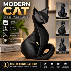 May include: A black 3D printable cat model featuring a smooth, stylized form with a curved neck and tail. The digital file includes front, side, and back views, labeled as a modern cat 3D printable model for digital download only.