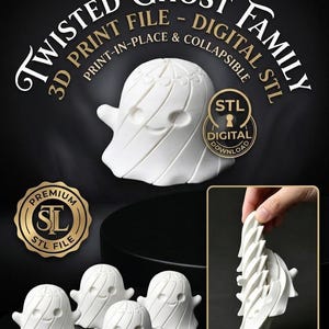 May include: A white 3D printed ghost figurine with a twisted, collapsible design. The text reads TWISTED GHOST FAMILY, 3D PRINT FILE - DIGITAL STL, PRINT-IN-PLACE & COLLAPSIBLE, STL DIGITAL DOWNLOAD, and PREMIUM STL FILE. The ghost has a smiling face.
