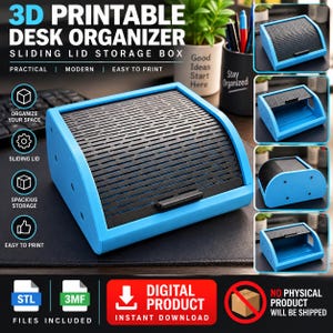 Puede incluir: Una caja organizadora de escritorio imprimible en 3D con un marco azul brillante y una tapa deslizante negra. La caja tiene un diseño superior curvo con un asa en la tapa. El texto 3D PRINTABLE DESK ORGANIZER SLIDING LID STORAGE BOX es visible.