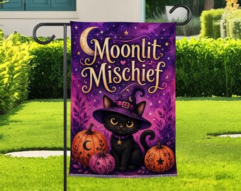 Tuinvlag met zwarte kat en maanverlichte ondeugendheid, schattige heksenkat Halloween-tuinbanner, paarse griezelige pompoendecoratie, cadeau voor dierenliefhebbers