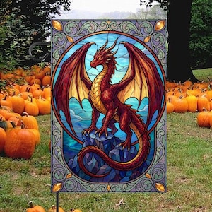 Dragon Garden Flag, Stained Glass Dragon Garden Flag, Fantasy Outdoor Decor, Medieval Yard Banner, Mythical Creature Flag