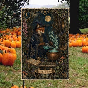 Peut inclure: Un drapeau de jardin rectangulaire représentant un renard portant un chapeau et une robe de sorcier, versant un liquide bleu brillant d'une fiole en verre dans un chaudron en bronze. L'image inclut un livre ouvert, des papillons et le texte Lumen in Silvis.