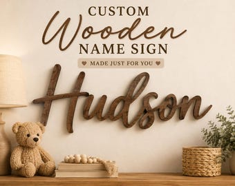 Targa personalizzata in legno con nome, tagliata al laser, decorazione per la cameretta dei bambini, nome per la stanza dei bambini, carattere corsivo.