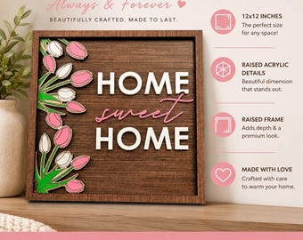 Cartello in legno stratificato "Home Sweet Home" / Decorazione floreale in acrilico in stile rustico