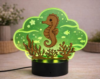 Luce notturna a LED personalizzata a forma di cavalluccio marino / Decorazione per cameretta dei bambini a tema oceano / Lampada in acrilico che cambia colore / Luce notturna con nome personalizzato per bambini