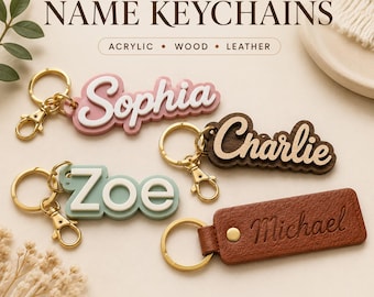 Portachiavi personalizzato con nome, in acrilico, legno o pelle (regalo)