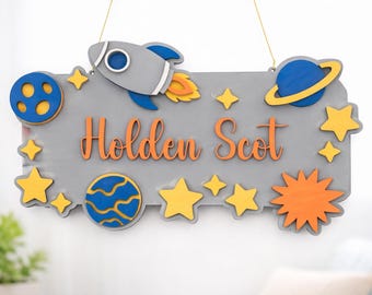 Plaque nominative personnalisée pour le thème de l'espace | Décoration de chambre d'enfant faite main