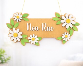 Plaque nominative florale personnalisée | Décoration de chambre d'enfant en bois