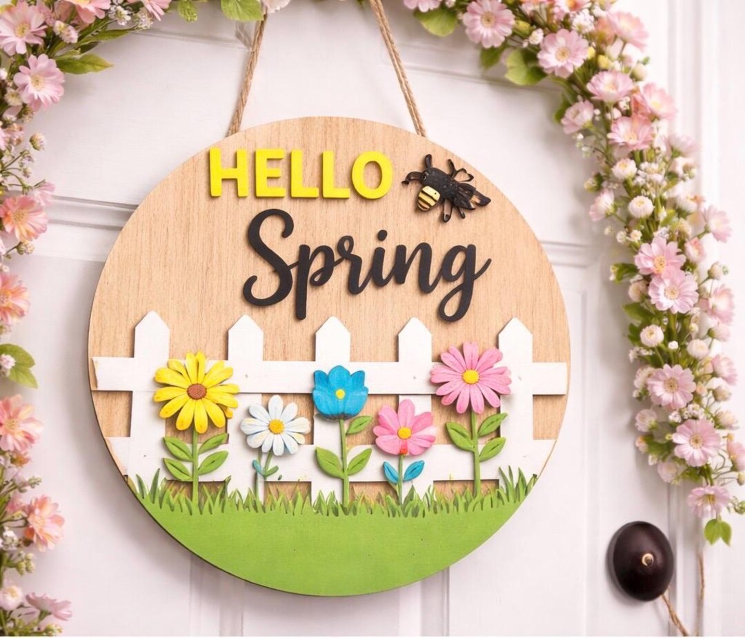 Hello Spring Door Sign | Layered Wood Farmhouse Floral Decor - Etsy