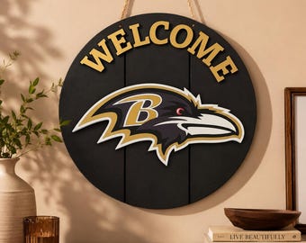 Cartello di benvenuto a forma di corvo in legno stratificato da 40 cm / Decorazione con uccello nero, viola e oro