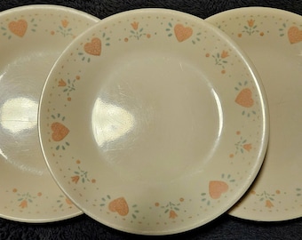 Platos llanos Corelle Forever Yours de 25 cm (10") con diseño floral de corazones color melocotón, estilo vintage, fabricados en EE. UU.