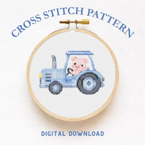 May include: Cross stitch pattern featuring a light blue tractor with a pig driver, set within a wooden embroidery hoop. The text "CROSS STITCH PATTERN" arches above the design, with "DIGITAL DOWNLOAD" below.