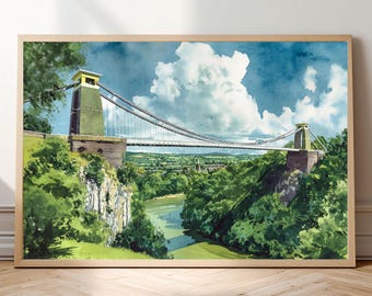 Bristol Clifton Suspension Bridge Watercolor-Style Print • Avon Gorge Wall Art • UK Landmark Poster • British Architecture, Travel