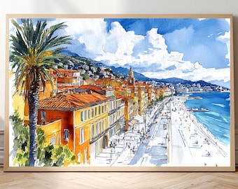 Nice France Watercolor Print • Promenade des Anglais Wall Art • French Riviera Coastal Poster • Mediterranean Beach Travel Decor Gift