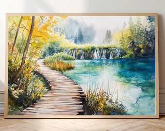 Plitvice Lakes, Croatia – Watercolor-Style Art Print • Wooden Boardwalk Wall Art • Waterfall & Nature Poster • European Landscape