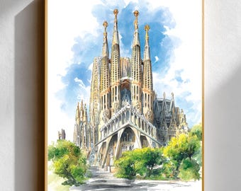 Barcelona Sagrada Família Watercolor-Style Print • Gaudí Architecture Wall Art • Spanish Basilica/Cathedral Poster • European Travel