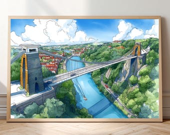 Bristol Clifton Suspension Bridge Watercolor Print • Avon Gorge Wall Art • England Landmark Poster • British Architecture Travel Decor Gift