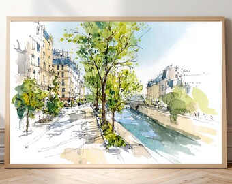 Paris Seine River Watercolor Print – Pastel French Cityscape Wall Art (Digital Download)
