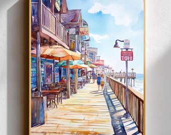 Seaside Boardwalk Watercolor Print • Coastal Beach Town Wall Art • Ocean Pier Cafe Poster • Summer Vacation Landscape Travel Decor Gift
