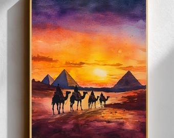 Egyptian Pyramid Watercolor-Style Print • Desert Sunset Wall Art • Giza Camel Caravan Poster • Egypt Landscape Travel Decor Gift