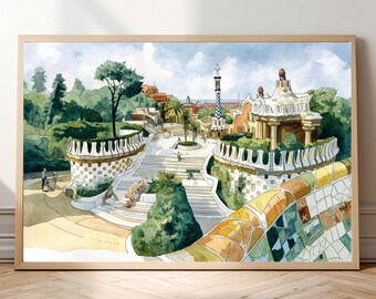 Lámina estilo acuarela del Parque Güell de Barcelona • Arte mural de la arquitectura de Gaudí • Póster de paisaje urbano español y estilo mosaico • Monumento europeo