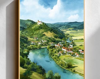 Watercolor-Style Print of Grein, Austria • Danube Valley Wall Art • Austrian Alps Landscape Poster • Hilltop Castle • Travel-Inspired Decor