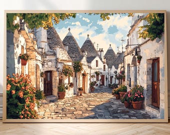 Alberobello, Italy Watercolor-Style Print • Trulli House Wall Art • Puglia Village Landscape Poster • Italian Architecture & Travel Decor