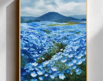 Blue Nemophila Flower Field Watercolor Print • Baby Blue Eyes Wall Art • Japan Spring Landscape Poster • Botanical Floral Nature Gift
