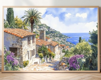 Watercolor-Style Print of Èze, France • French Riviera Art • Seaside Village Landscape Poster • Mediterranean Architecture & Travel Gift