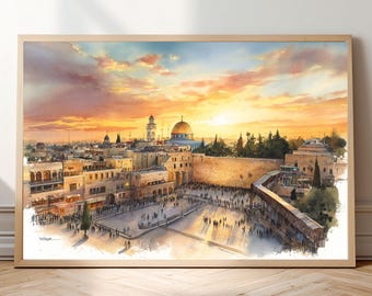 Jerusalem Western Wall Watercolor Print • Kotel Israel Wall Art • Dome of the Rock Sunset Poster • Holy Land Travel Decor Gift
