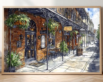 New Orleans French Quarter Watercolor Print • Café Exterior Art • Louisiana Streetscape Poster • Gift for Travel & Architecture Lovers