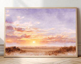 Pastel Sunset Watercolor Print – Dreamy Countryside Field Landscape Poster