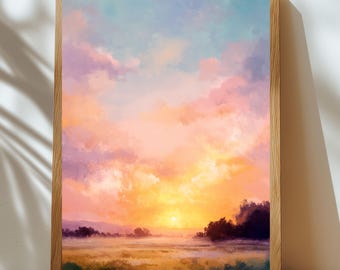 Dreamy Sunset Watercolor Print – Pastel Countryside Landscape Wall Art