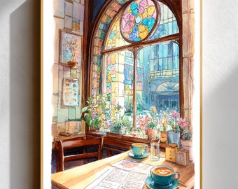 Cozy European-Style Café Print (Watercolor Style) • Playful Stained-Glass Style Wall Art • Interior Décor Gift for Coffee Shops & Kitchens