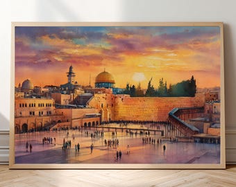 Jerusalem "Wailing Wall" Watercolor-Style Print • Israel Kotel (Western Wall) Wall Art • Dome of the Rock & Sunset Poster • Holy Land Decor
