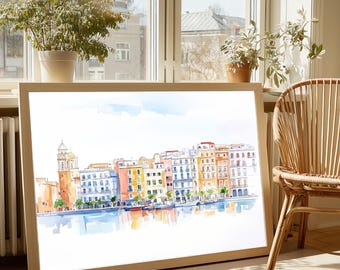 Naples Italy Watercolor Print: Colorful Harbor Waterfront Landscape Painting