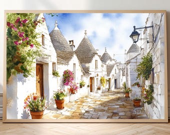 Watercolor-Style Print of Alberobello, Italy • Trulli Wall Art • Poster of a Puglian Village Scene • Italian Architecture & Travel Decor