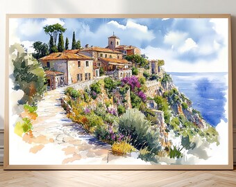 Eze France Watercolor Print • French Riviera Wall Art • Coastal Village Hillside Poster • Mediterranean Landscape Architecture Travel Gift