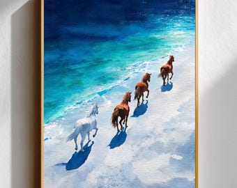 Wild Horses Beach Watercolor Print – Aerial Coastline Wall Art, Turquoise Ocean Landscape Decor