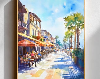 Coastal Promenade Watercolor Print • Mediterranean Town Wall Art • Palm Tree Cafe Boardwalk Poster • Summer Vacation Travel Decor Gift