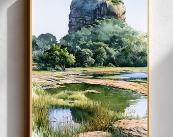 Sri Lanka Sigiriya Rock Watercolor-Style Print • Ancient Fortress Wall Art • Lion Rock Nature Poster • Asian Landscape / Travel Gift