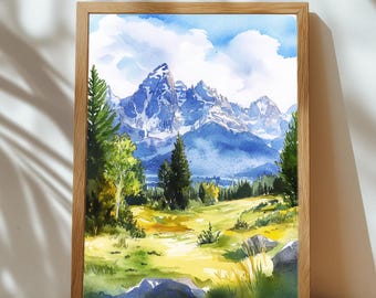 Grand Teton National Park Watercolor Print – Wyoming Mountain Wall Art (Digital Download)
