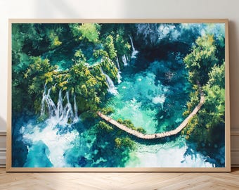Croatia Plitvice Lakes Watercolor-Style Print • Aerial View Wall Art of Waterfalls • Turquoise Canyon Pond Poster • Nature-Inspired