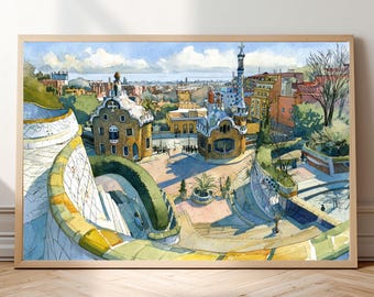 Barcelona Park Güell Watercolor-Style Print • Gaudí Architecture Wall Art • Spanish Cityscape & Mosaic Poster • European Landmark Decor