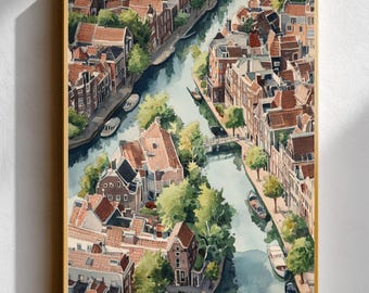 Amsterdam Canal Watercolor-Style Print • Dutch Cityscape (Aerial View) Wall Art • Poster Featuring Canal-Side Houses • European Scenery