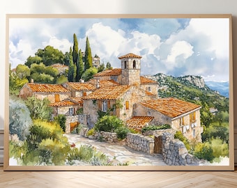 Lámina estilo acuarela de Èze, Francia • Decoración de pared de la Riviera Francesa • Póster de pueblo en la cima de una colina y costa • Paisaje mediterráneo de acantilados