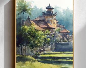 Bali Temple Jungle Watercolor Print • Ubud Forest Landscape Wall Art • Indonesia Sacred Pagoda Poster • Tropical Nature Travel Decor Gift