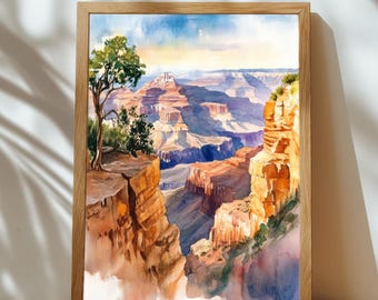 Grand Canyon Watchtower Watercolor Painting – Detailed Rock Strata Arizona Trail View Print