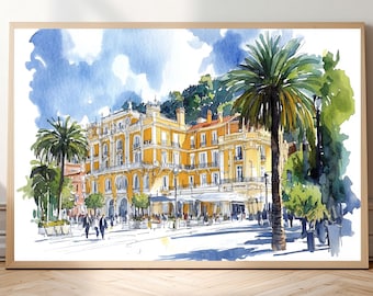 Watercolor-style print of Nice, France • French Riviera architectural poster • Mediterranean cityscape wall art • European plaza/landscape