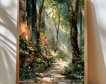 Enchanted Forest Path Watercolor Print – Sun Dappled Woodland Wall Art (Digital Download)